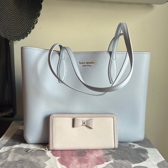 kate spade Handbags - Kate Spade ♠️ Bleeker Large Light Blue Tote and Ribbon Wallet Set EUC